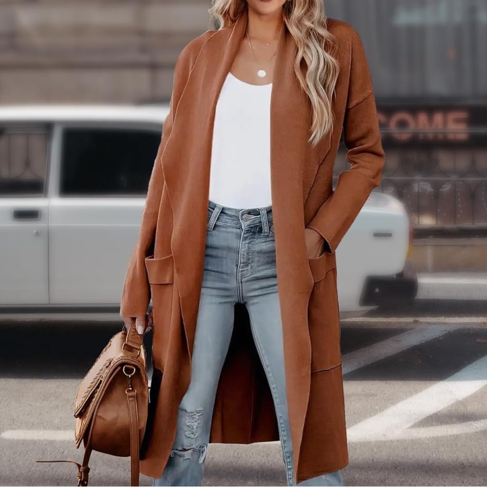 Isaac Mizrahi Live! Long Cardigan Sweater w/Notch Collar & Pockets. Toffee Brown